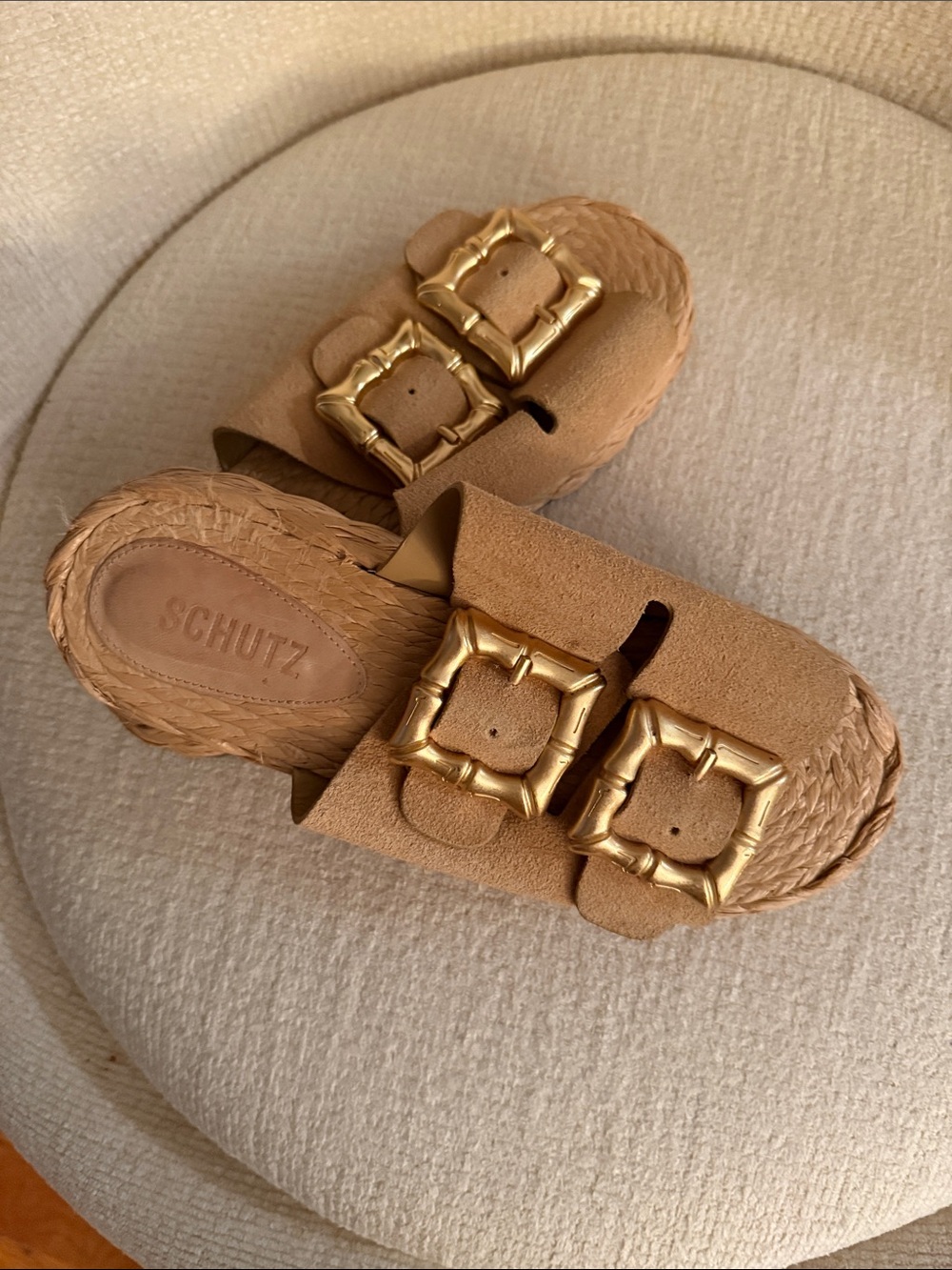 SCHUTZ Tan Slide Sandals with Gold Buckles